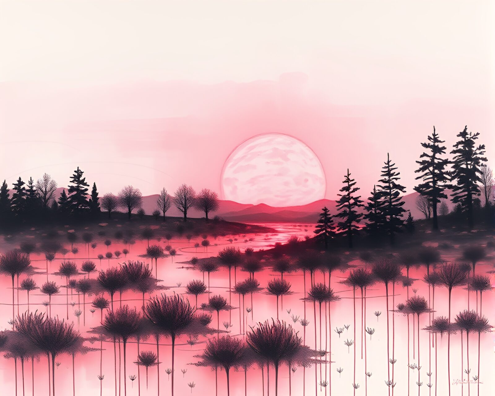 Pink-hued dawn illuminates landscape etching of a satyr with painted drips