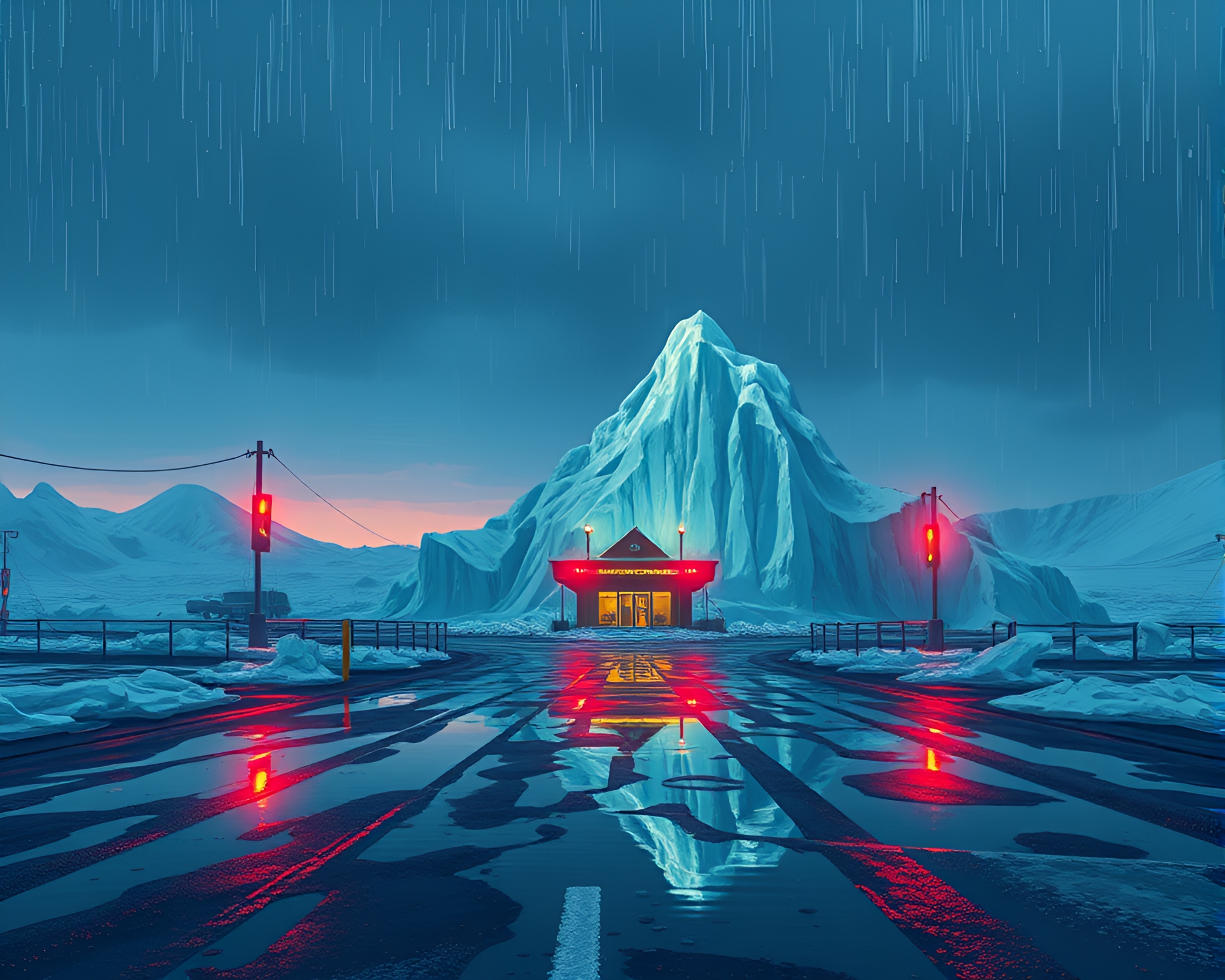Arctic Iceberg in Strobe Lit Urban Setting – free AI stock image