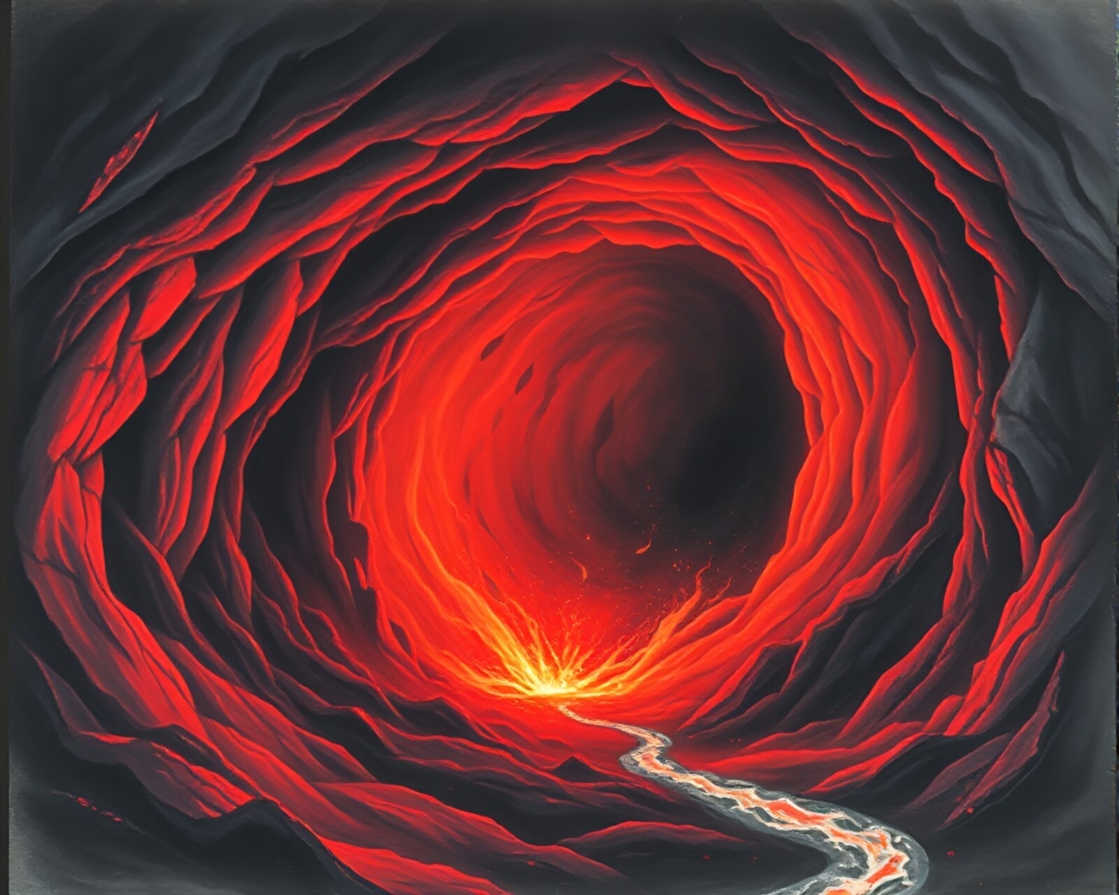 Pastel drawing of swirling vortex in volcanic-red glow