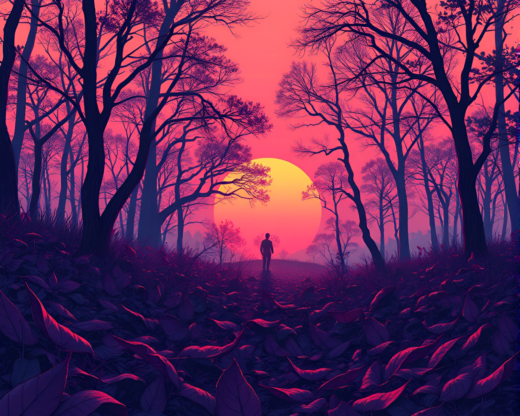 Neon-drenched Leaf Litter at Sunset – free AI stock image