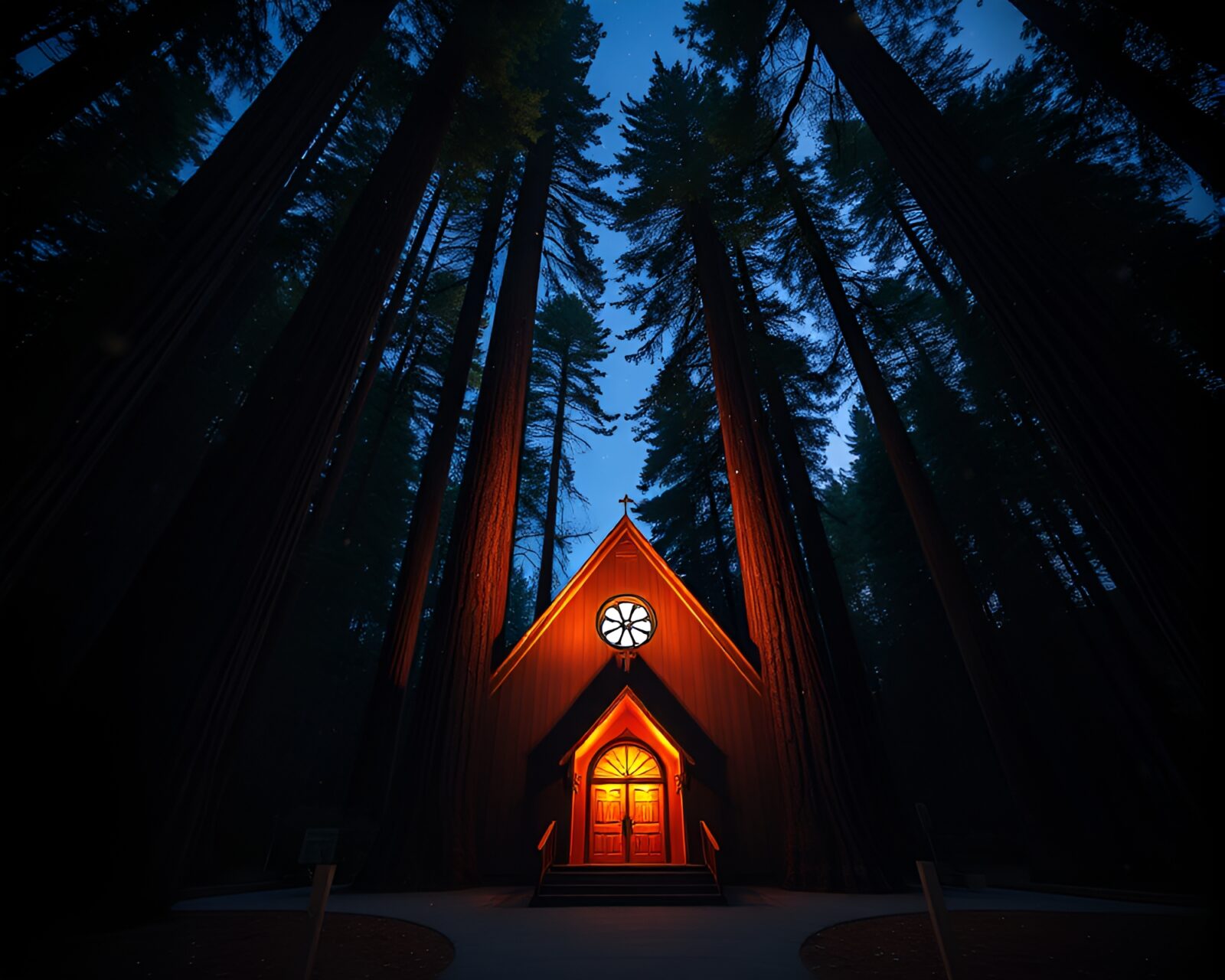 A mystical redwood tree glowing with holographic specks