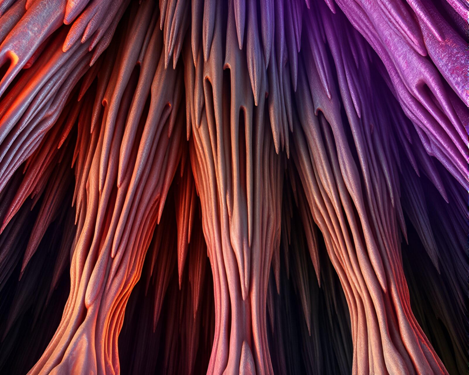 Striped pattern holographic cave stalactites glowing in fractal light