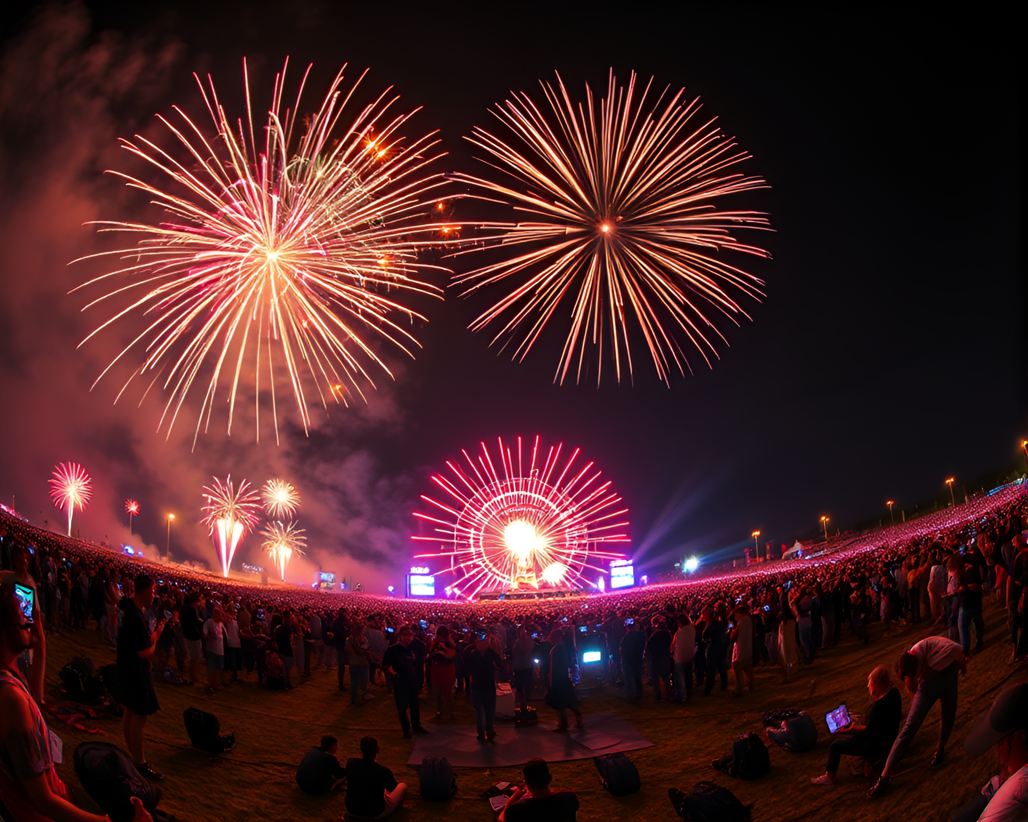 16-bit Armadillo Festival Fireworks Wide-Angle View – free AI stock image