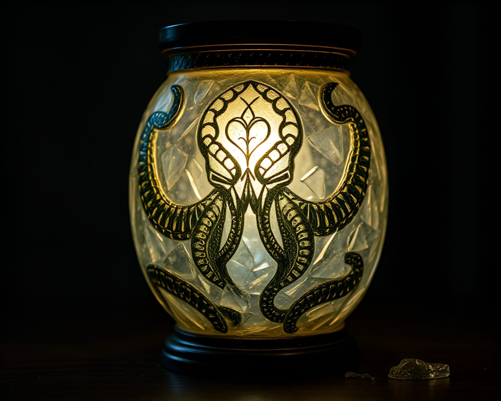 Fantasy kraken made of glass shards in lantern-lit sea.