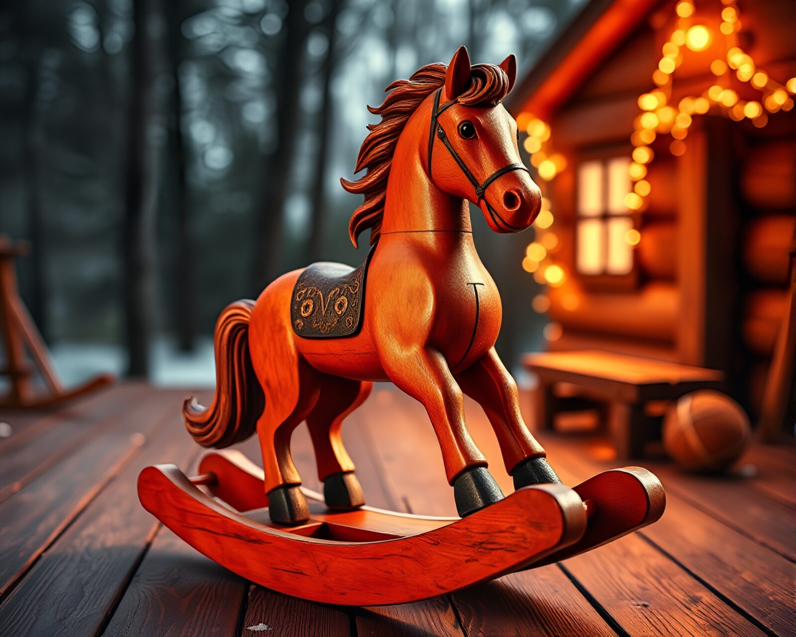 Wide stereograph shot of a whimsical rocking horse illuminated with warm, orange light