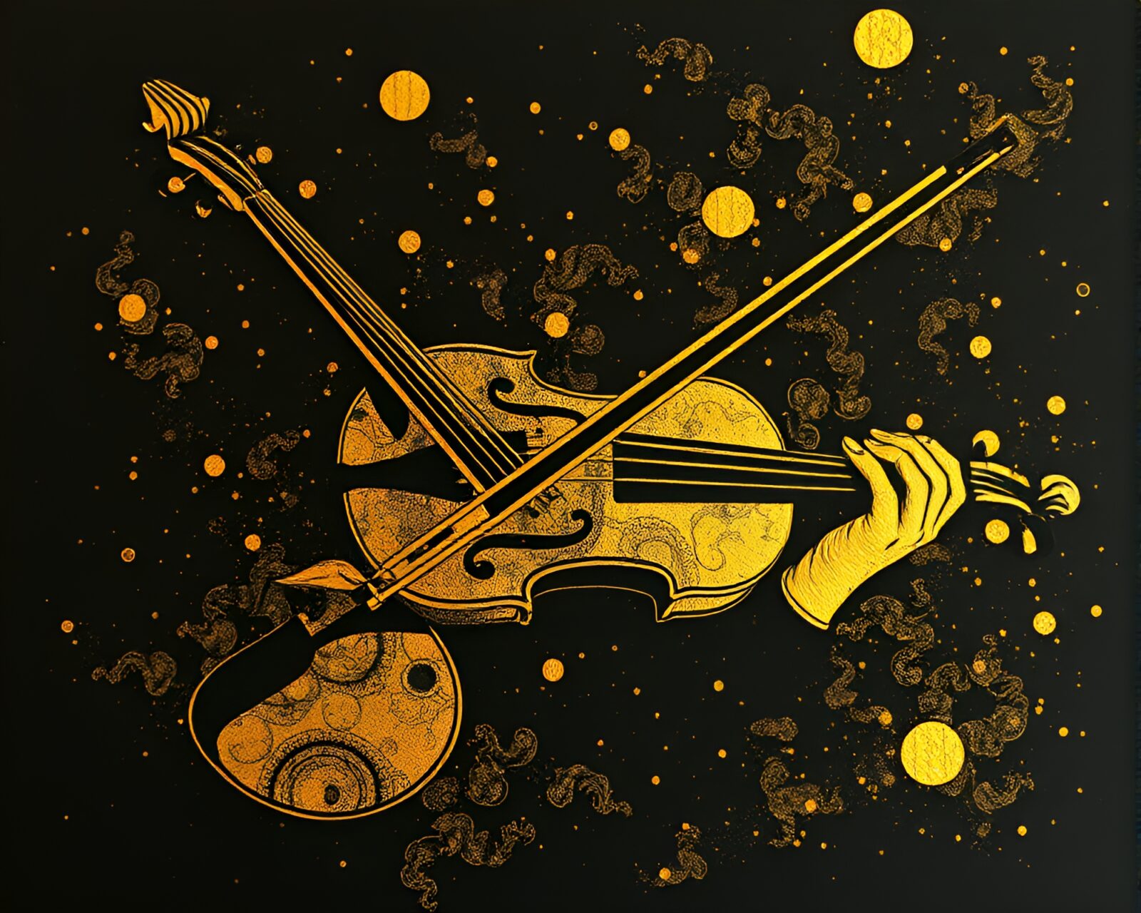 Abstract violin design with foil stamping on linocut background