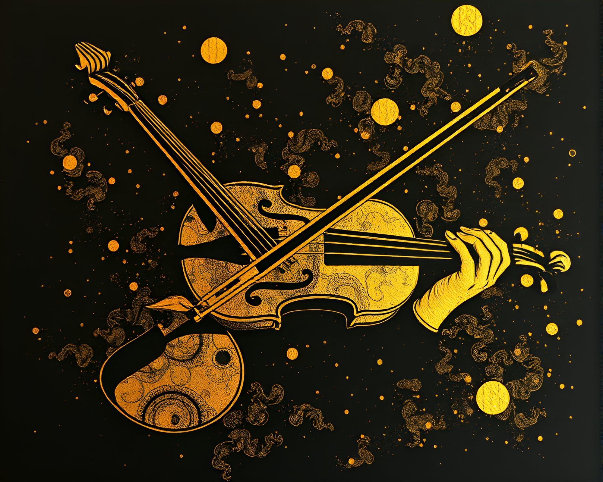 Foil-Stamped Violin in Hazy Linocut Print – free AI stock image