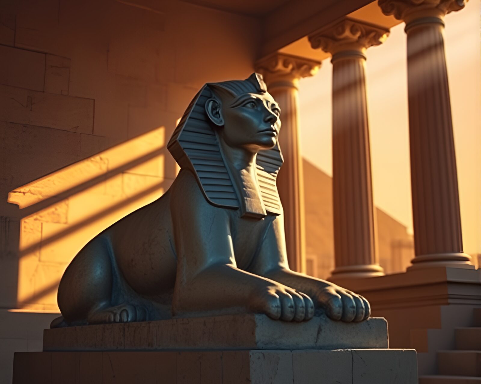 Golden-lit Sphinx statue in detailed tempera art