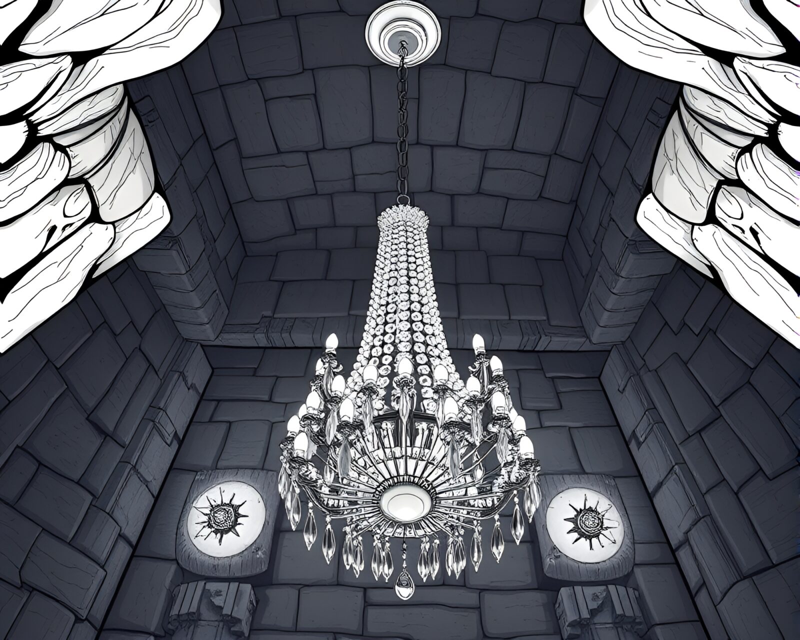 Bird's eye view of crystal chandelier glowing in basement