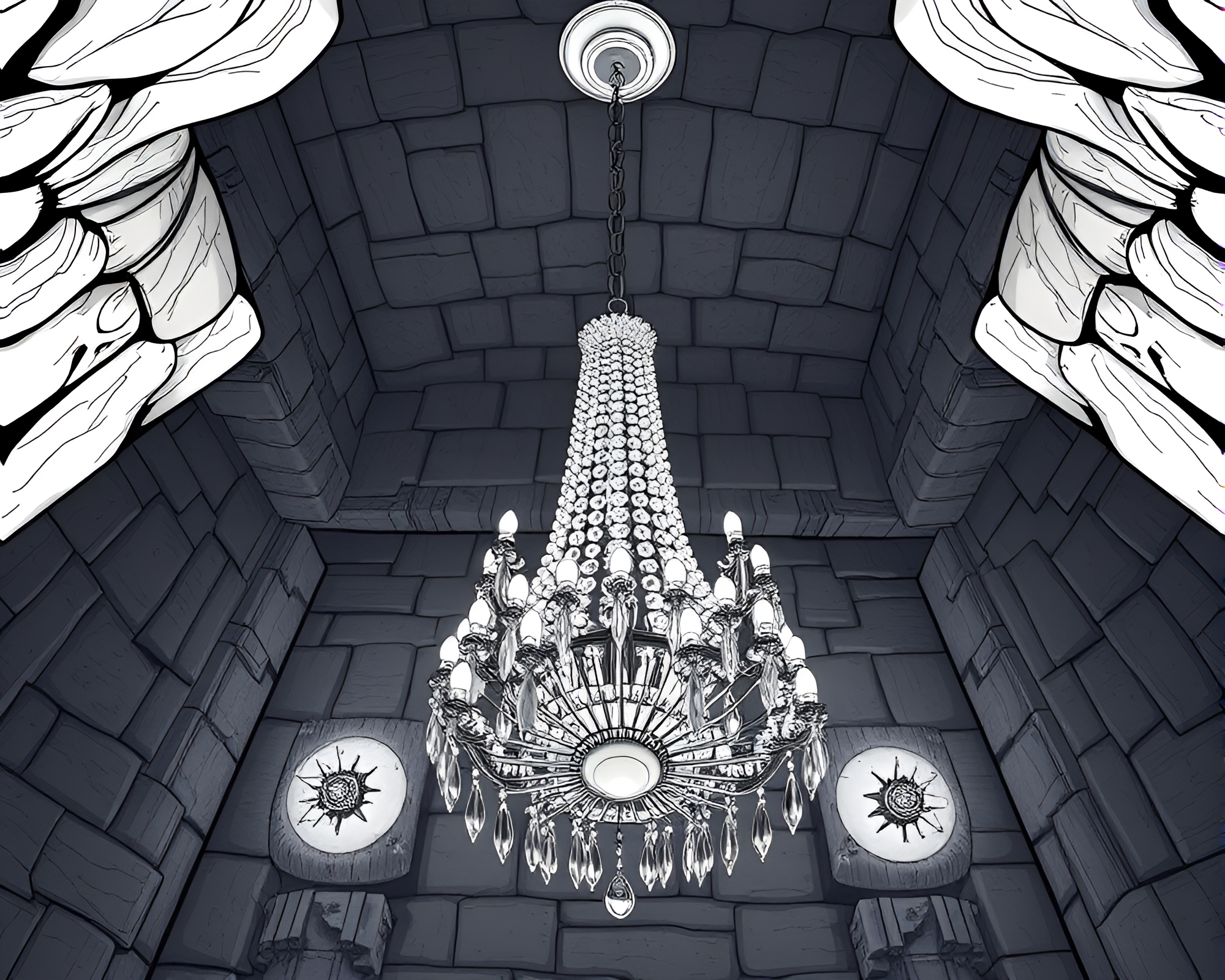 Ethereal Chandelier Illuminates Basement in Line Art – free AI stock image