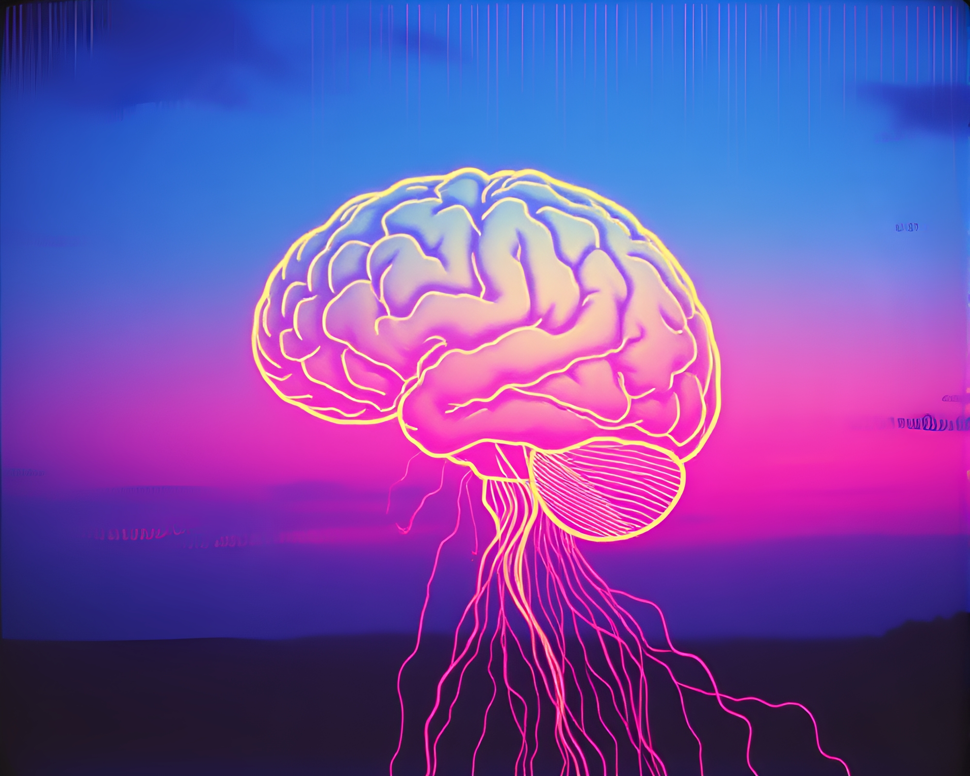 Etching Lines: AI Brain at Sunset – free AI stock image