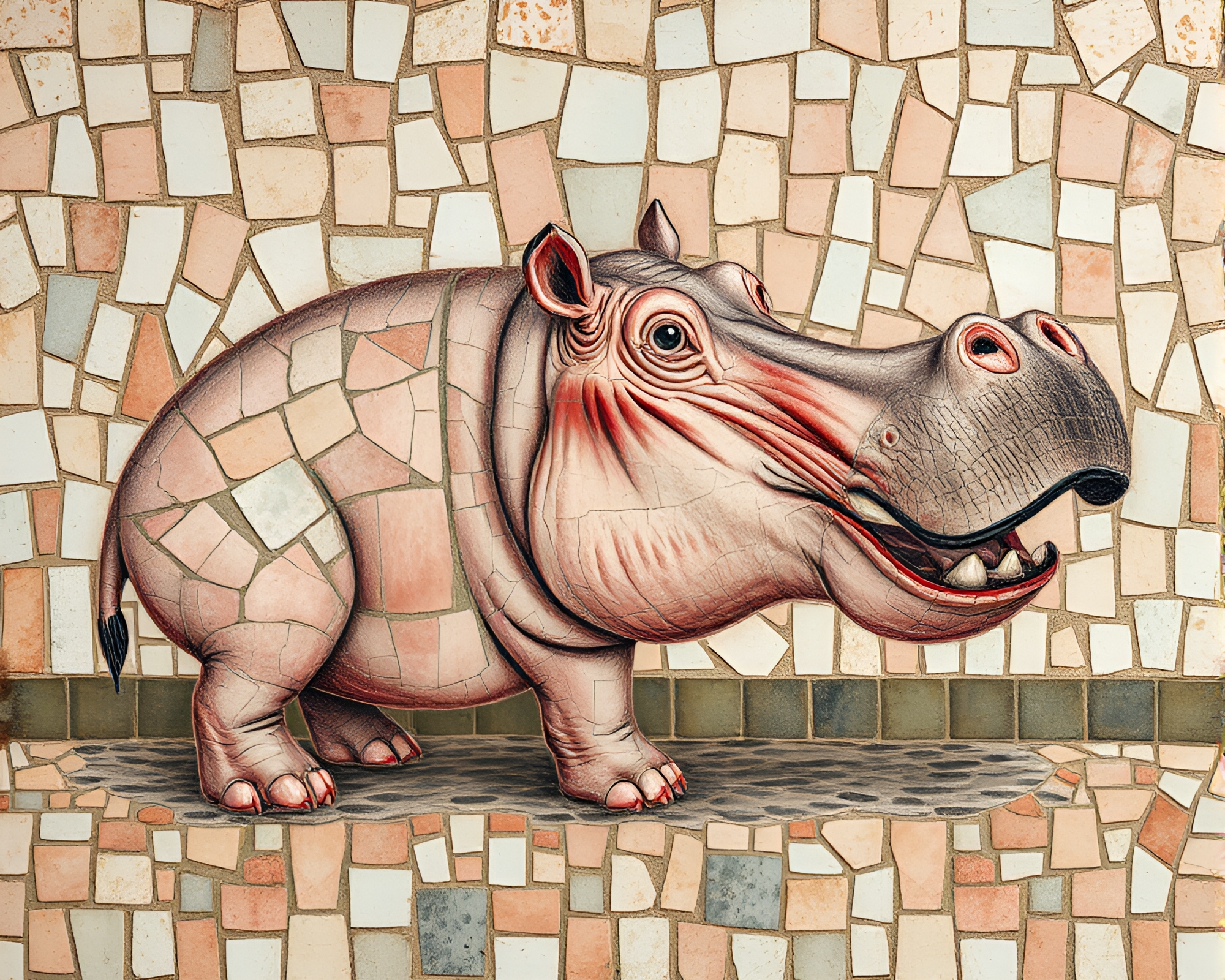 Hippopotamus Mosaic in Peachy Fresco Glow – free AI stock image
