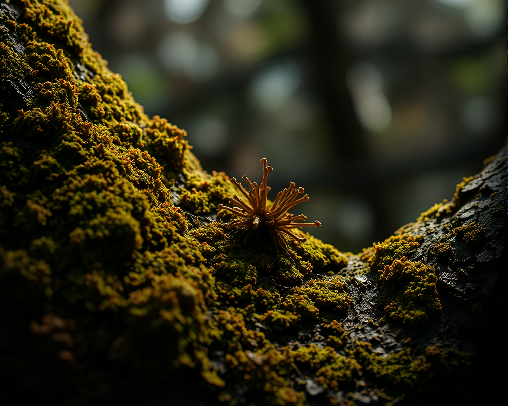 Nymph of the Necromantic Shade Among Lichen Textures – free AI stock image