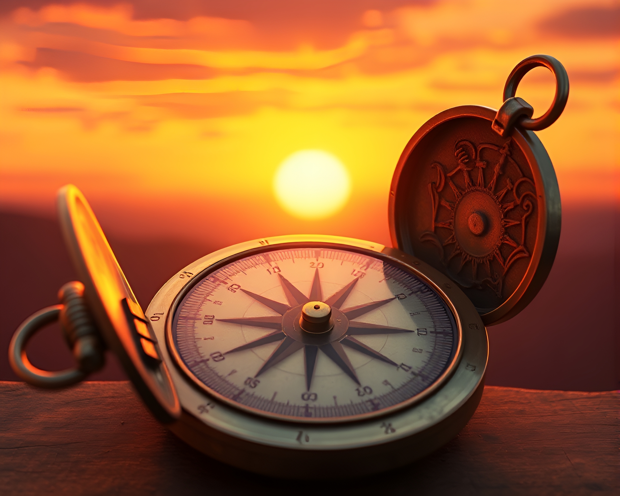 Pocket sundial in anime-style bronze patina at sunset – free AI stock image