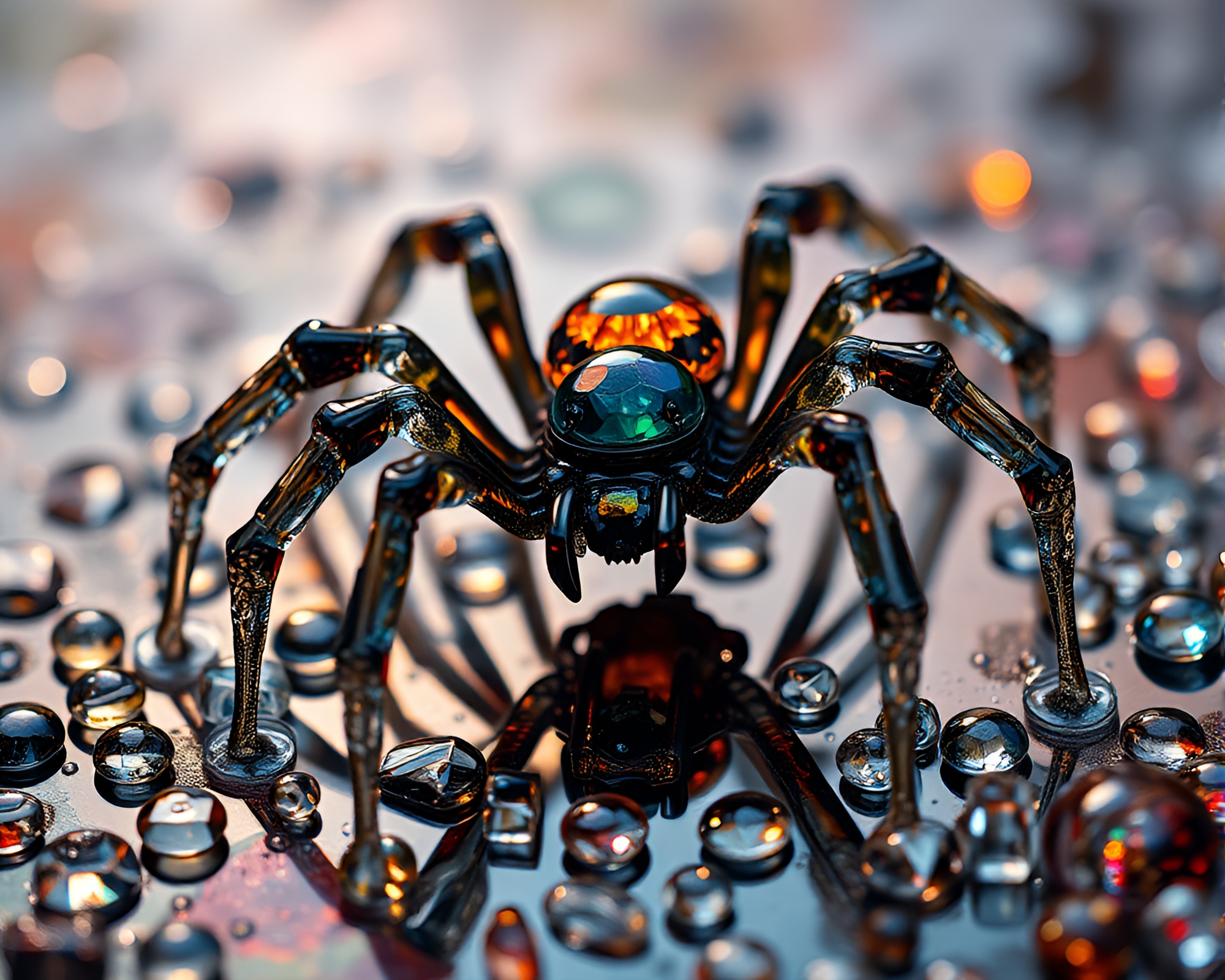 Mechanical Spider amidst Wet Glass Beads Impressionism – free AI stock image