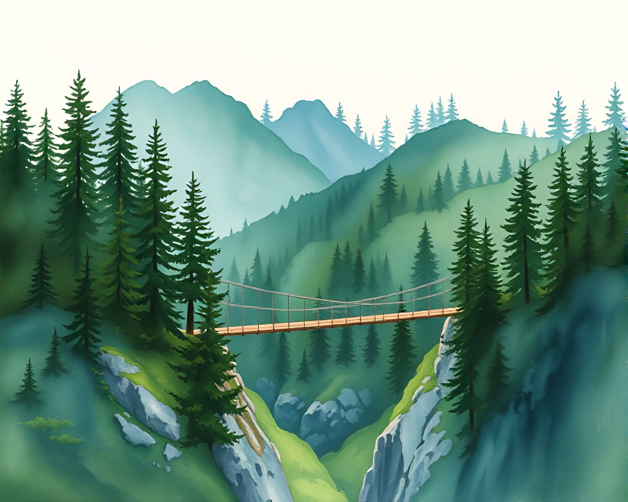 Enchanted Suspension Bridge in Wildlife Watercolor Style – free AI stock image