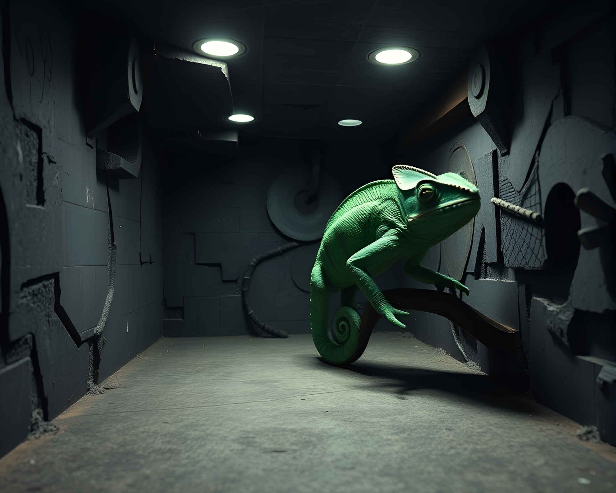 Chameleon Origami in Basement Gloom – free AI stock image
