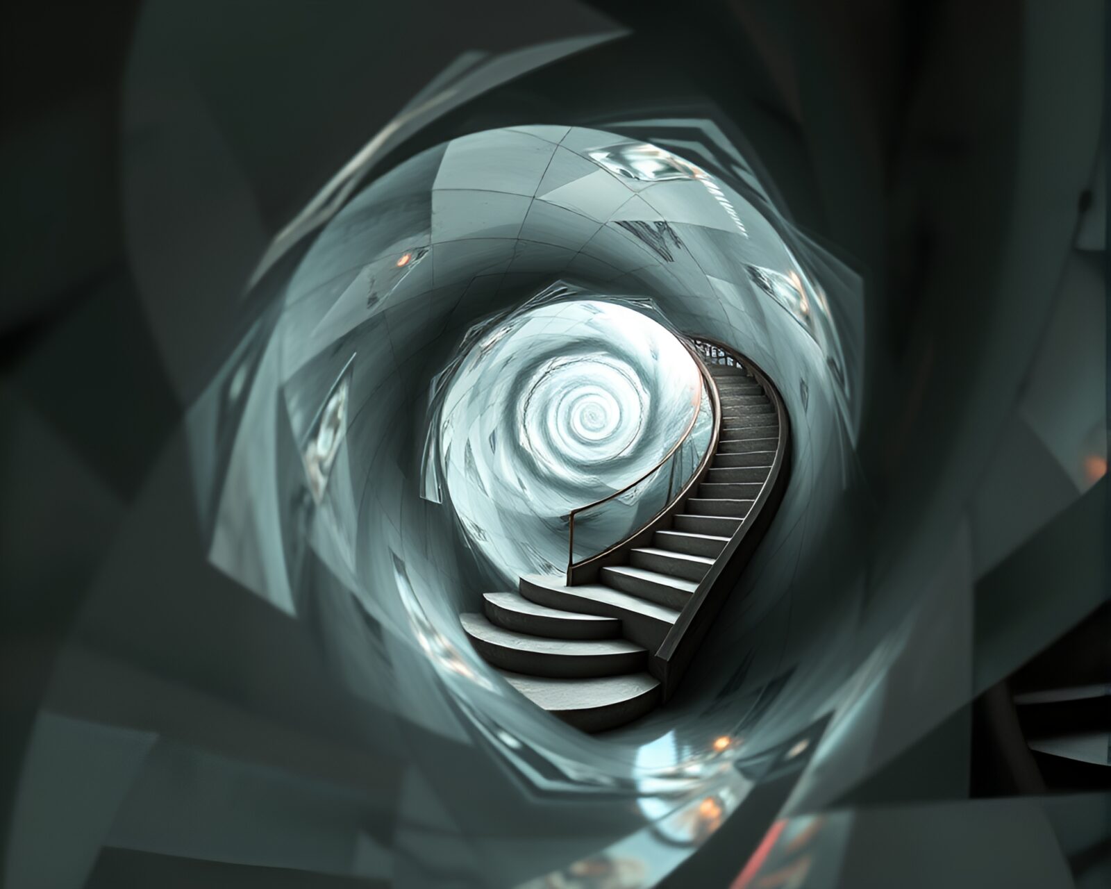 Surreal origami staircase with holographic colors and swirls