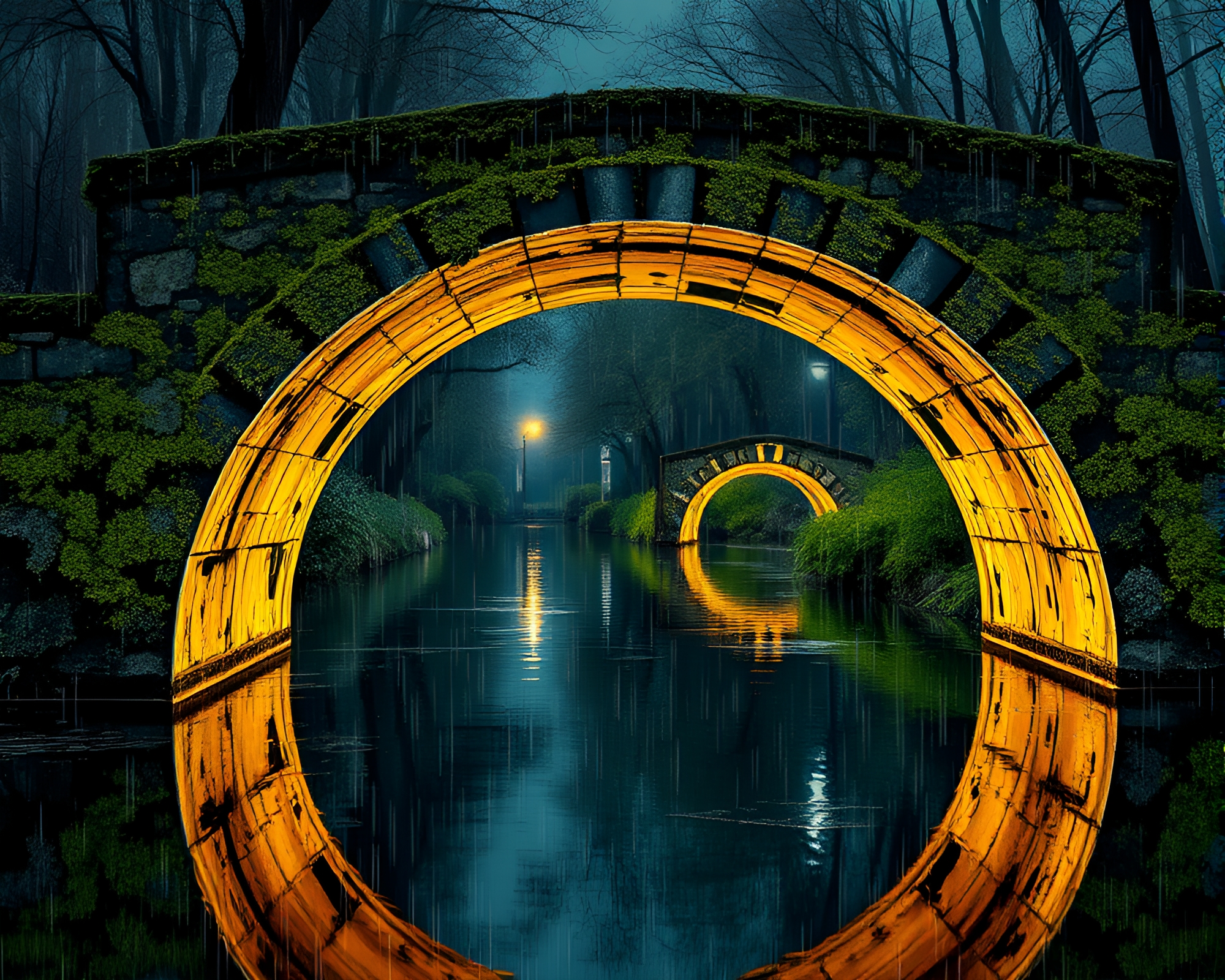 Lichen Textured Arch Bridge under Rainy Pop Art Sky – free AI stock image