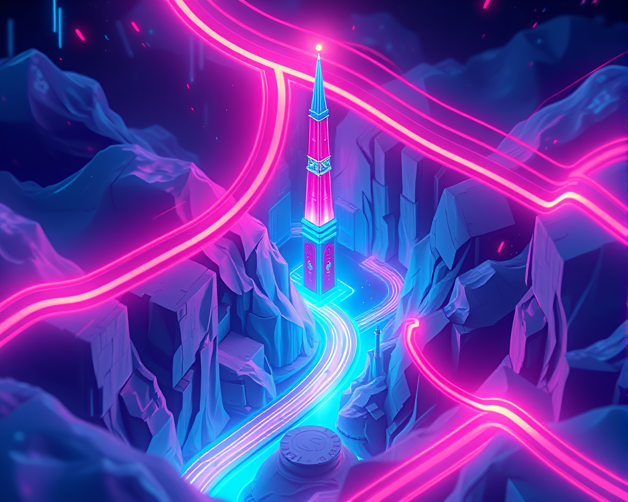 Hyper-Saturated Siren’s Light Trails Illuminating Isometric World – free AI stock image