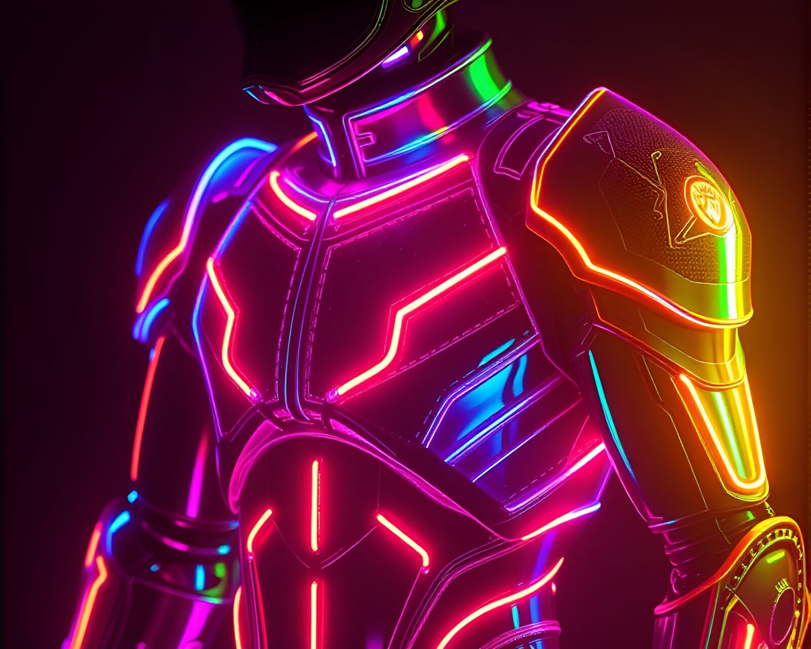 Futuristic knight in neon armor with holographic shimmer