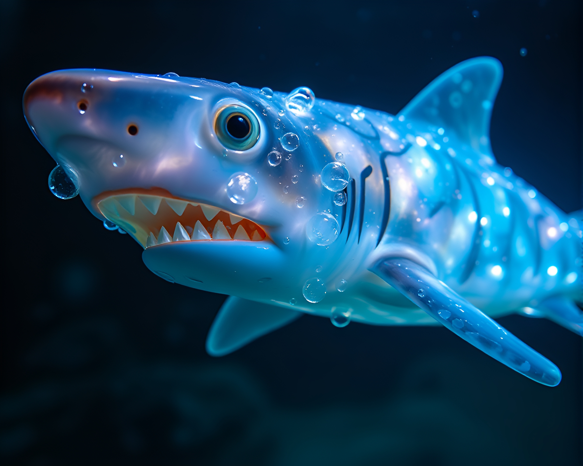 Shark Silhouette in Glowing Double Exposure Water Droplets – free AI stock image