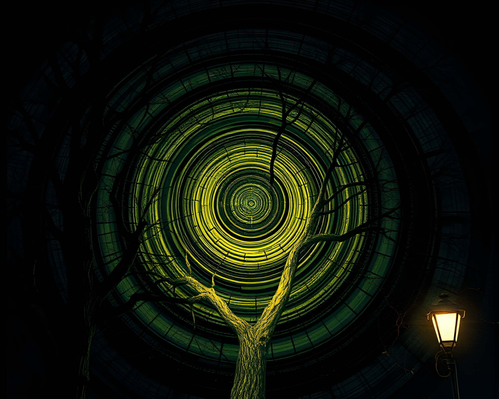 Enigmatic Vampire Tree Ring Impasto Streetlamp Glow – free AI stock image