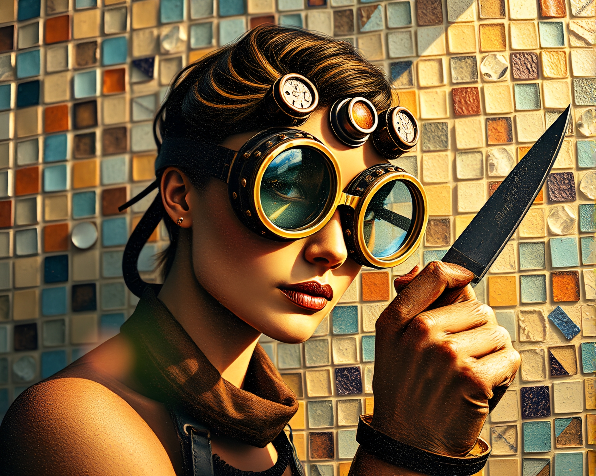 Steampunk Goggled Lion Mosaic at Bright Midday – free AI stock image
