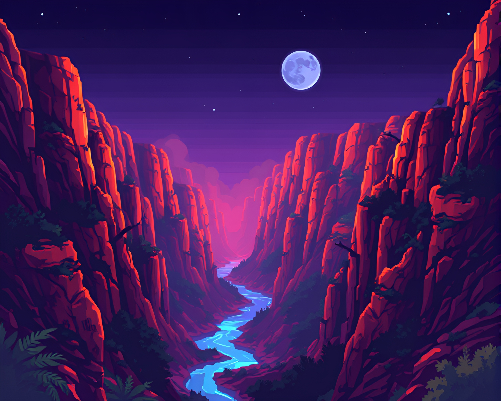 Neon Glow Pixel Art Canyon Landscape – free AI stock image