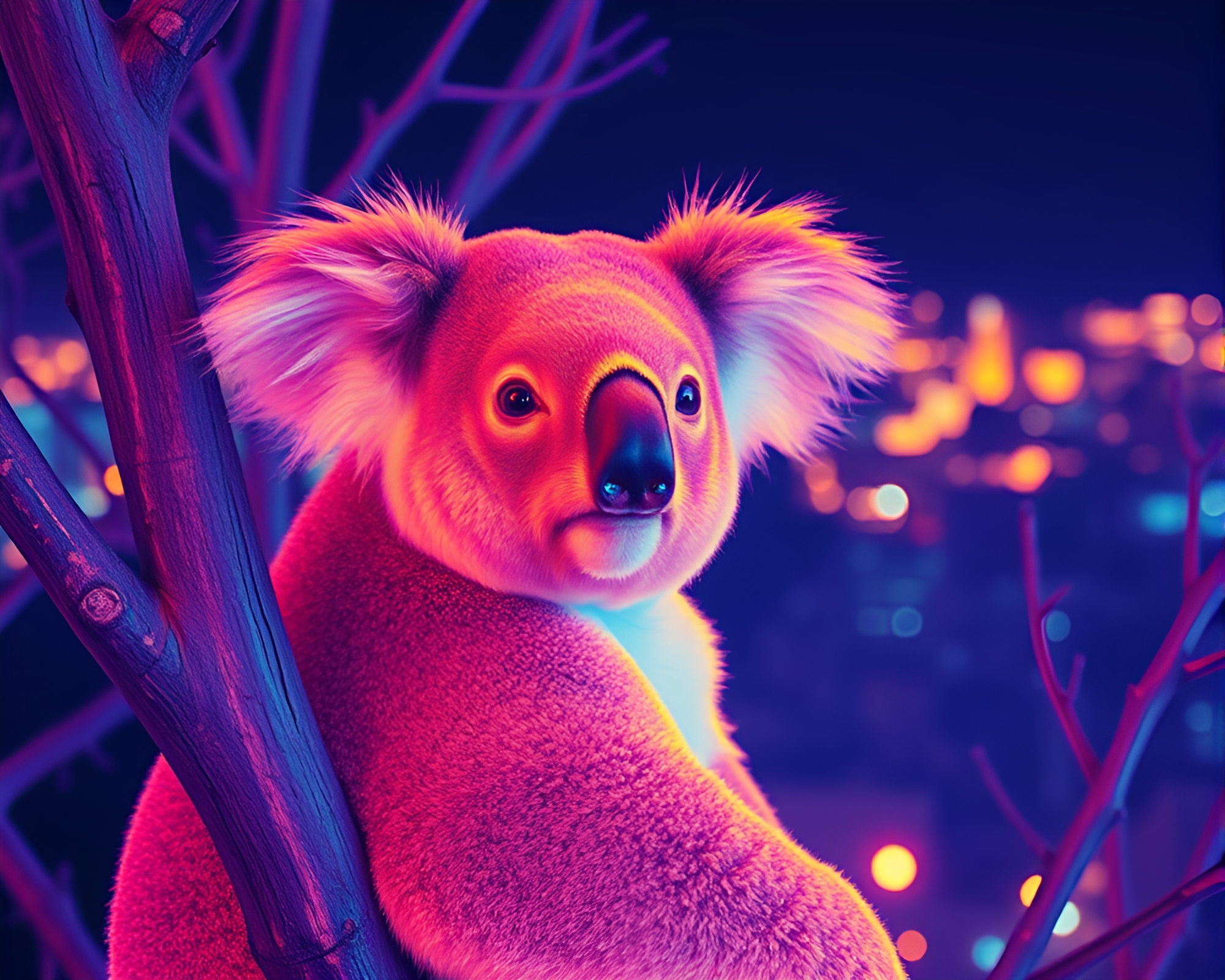 Striped Koala in Thermal City Lights – free AI stock image