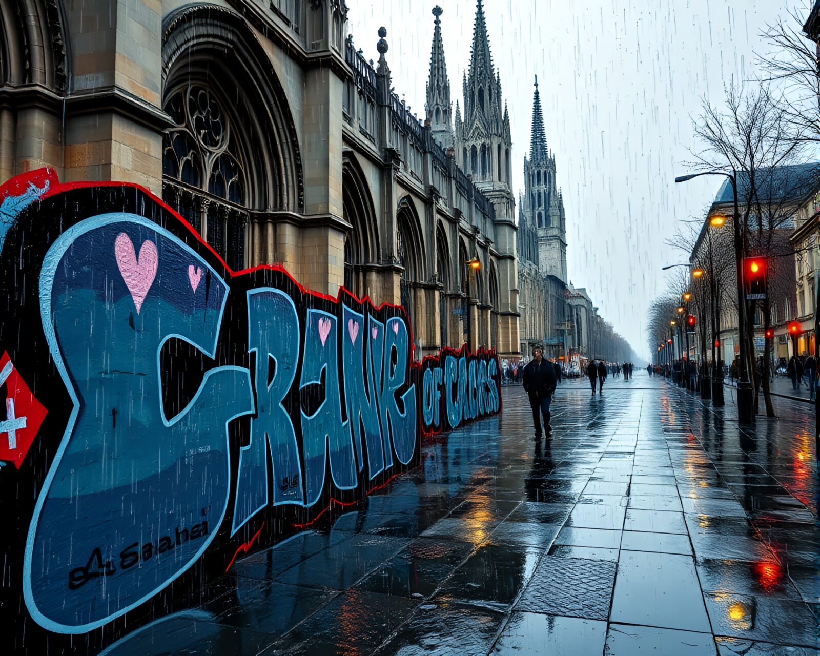 Surreal holographic mural depicting Gothic cathedral in rainy ambiance.