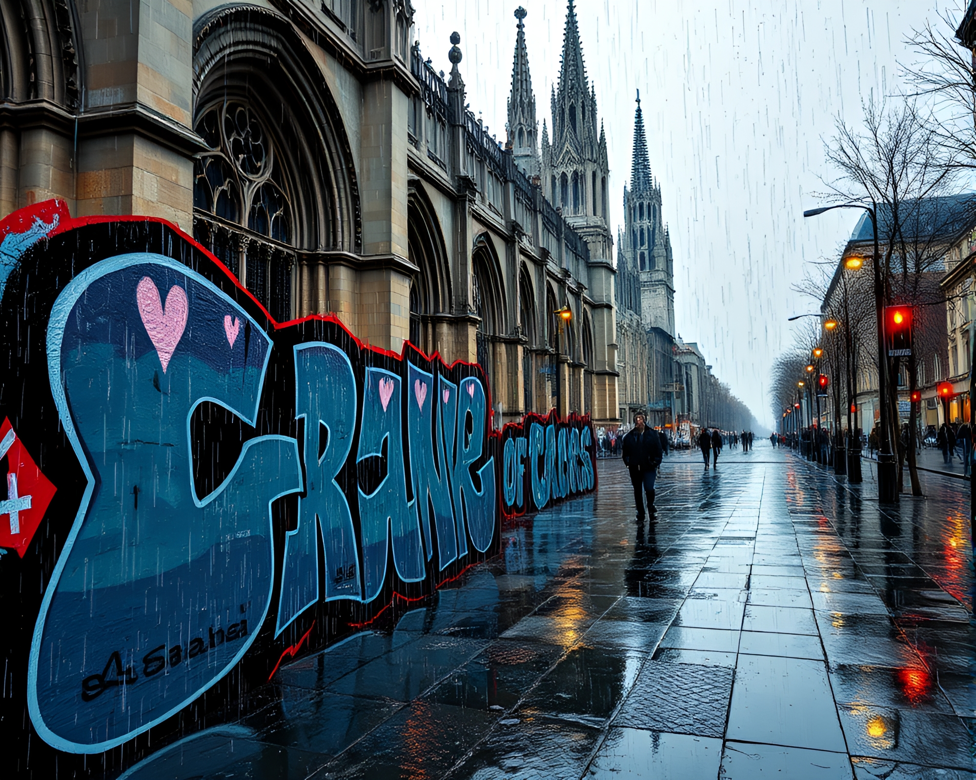 Gothic Cathedral Hologram Mural in Rainy Reflections – free AI stock image