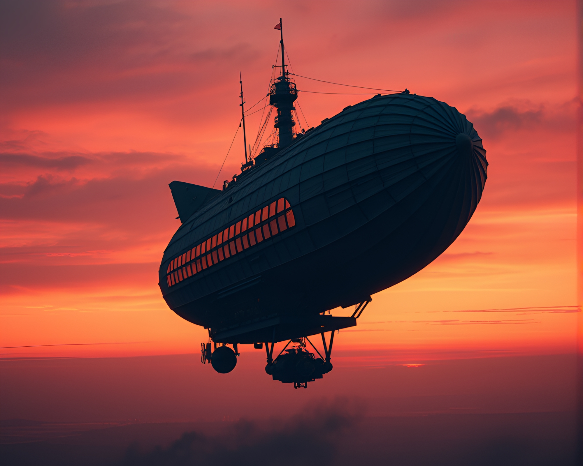 Steampunk Airship Silhouetted in Twilight Sky – free AI stock image