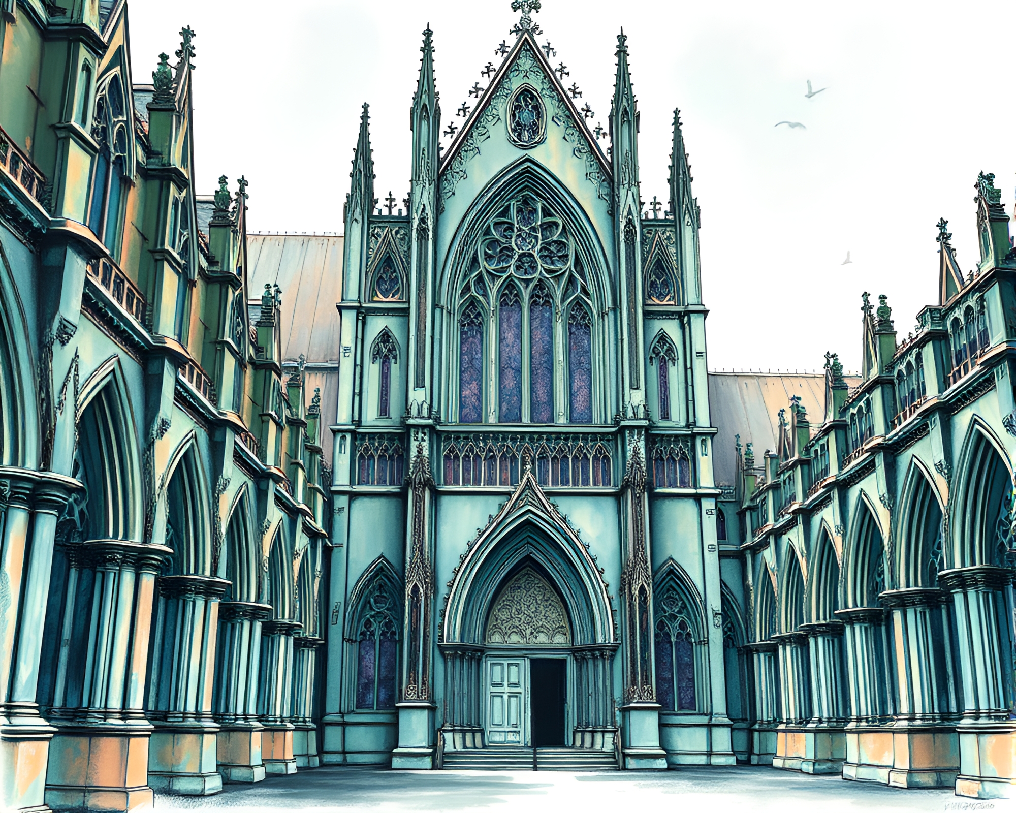 Gothic Cathedral Enveloped in Copper Verdigris Mist – free AI stock image