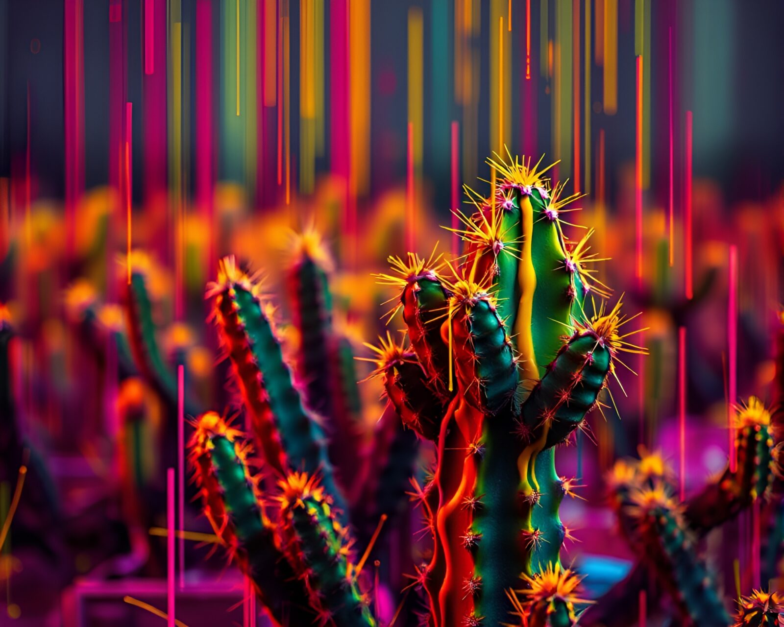 Vibrant neon cactus surrounded by colorful spray paint drips