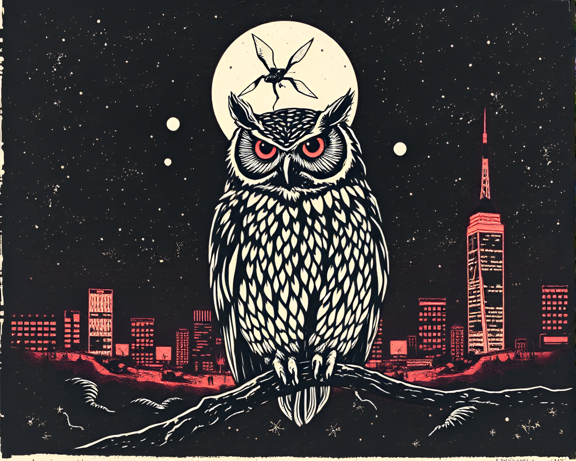 Neon City Owl Etching Linocut Composition – free AI stock image