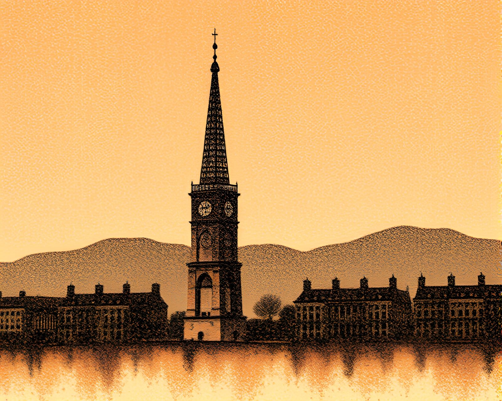 Majestic tower in stippled art style glowing in golden hour light