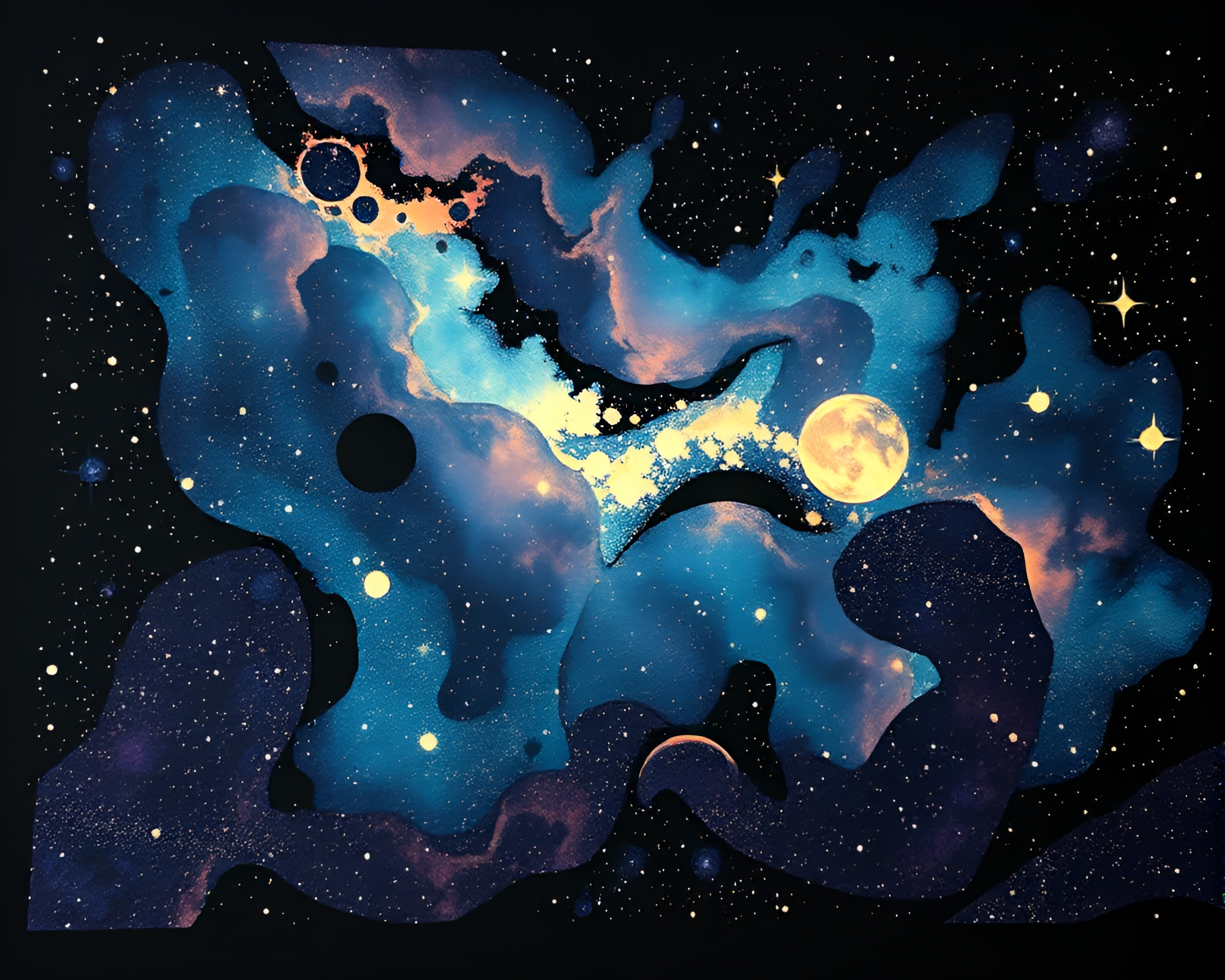 Nebula Collision: Moonlit Stencil Cosmos Collage – free AI stock image