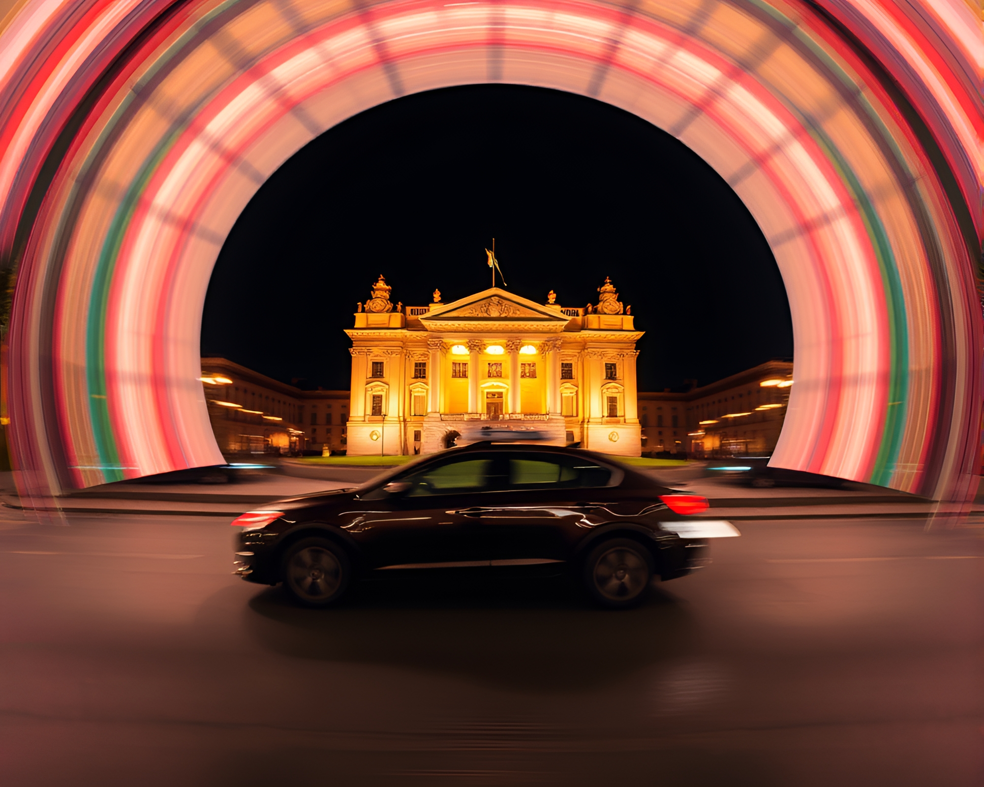 Futuristic Flying Car Opera House Glow Scene – free AI stock image