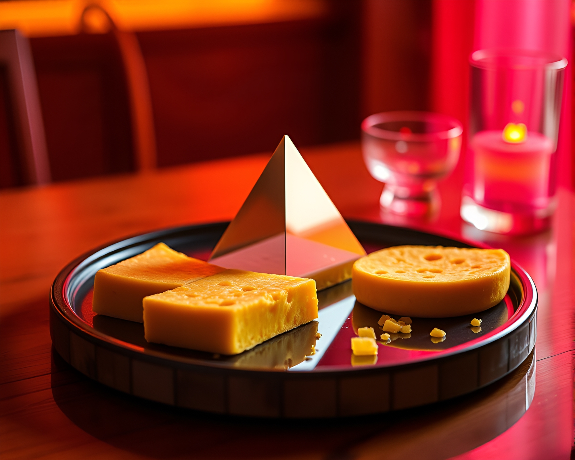 Prismatic Cheese Platter in Mustard Yellow Retrowave Ambiance – free AI stock image