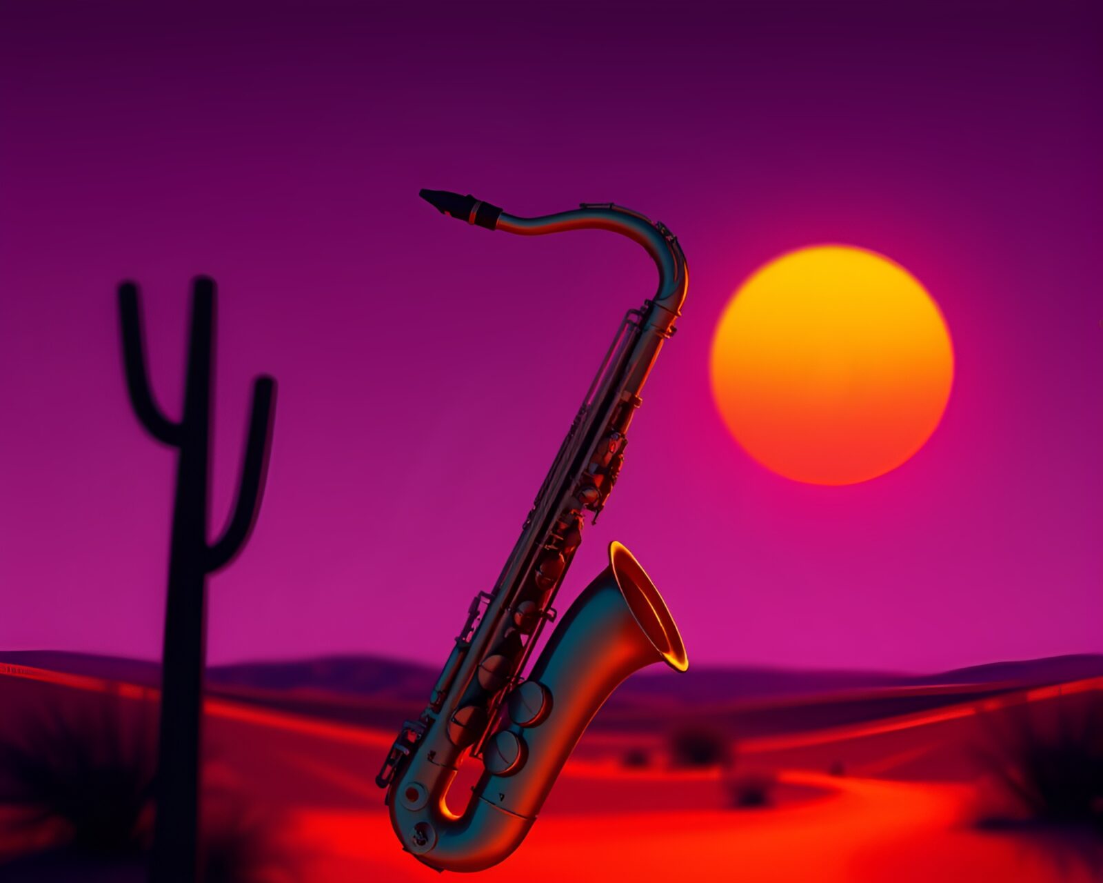 Off-center saxophonist under a violet desert sky at dusk