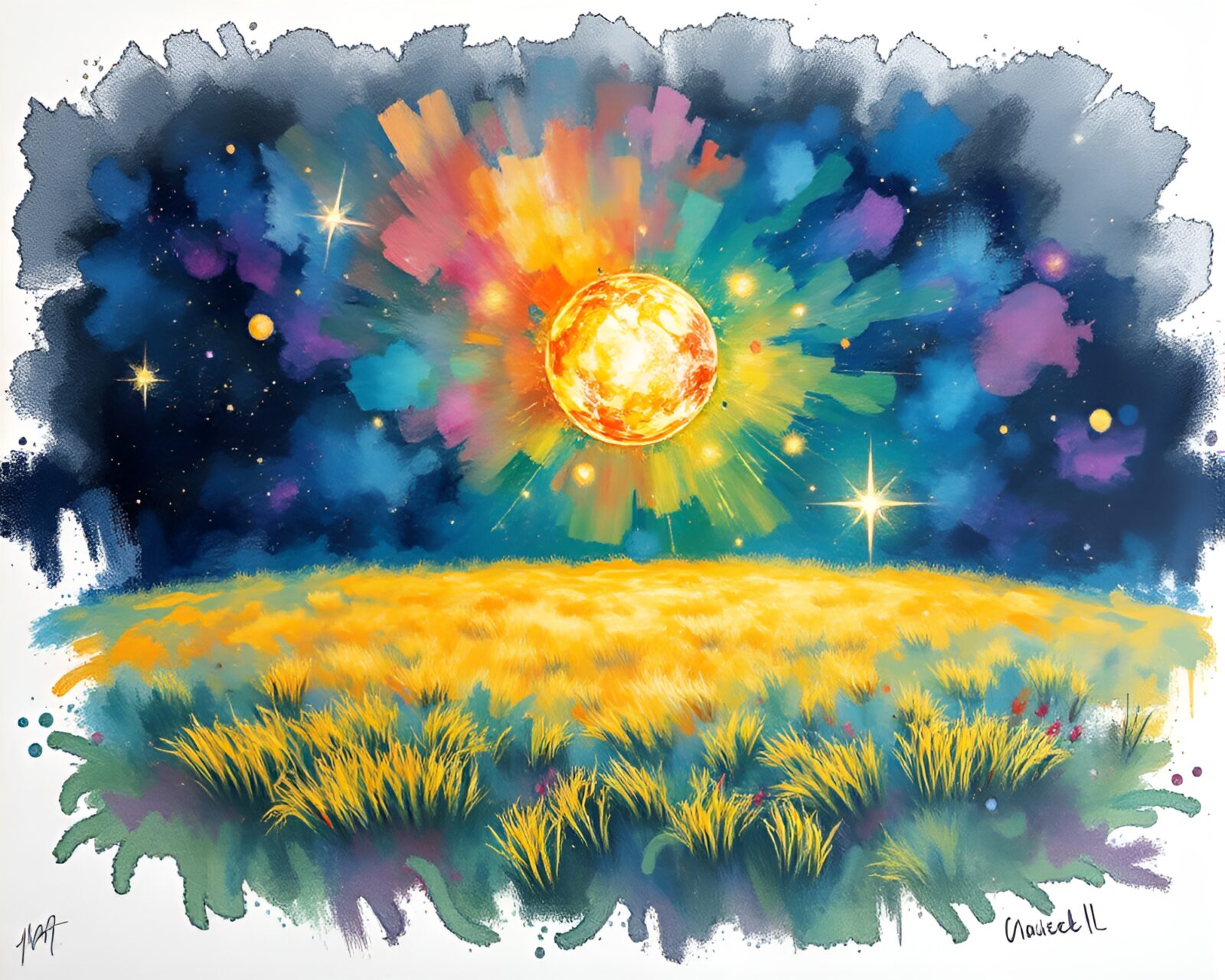 Vibrant tempera artwork of fabric draped geyser field disco ball