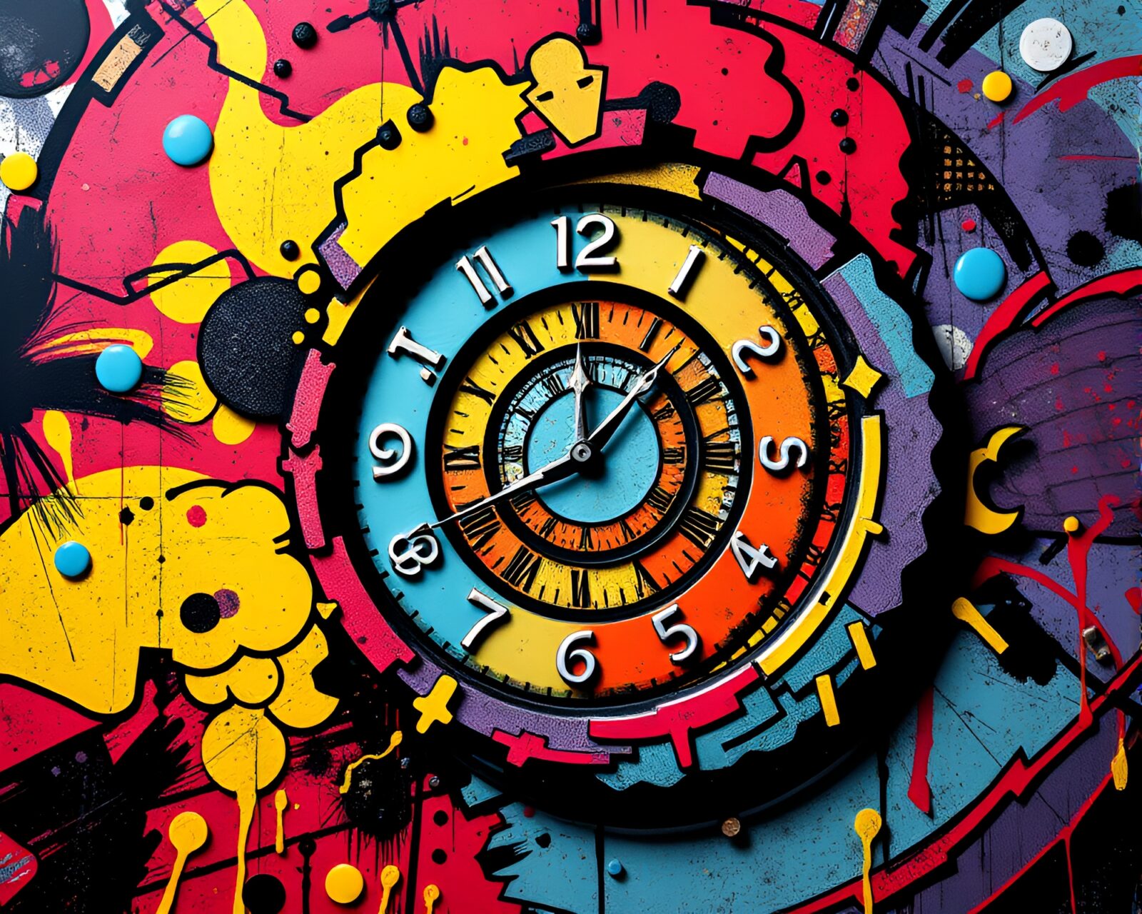 Colorful graffiti spiral clock in comic book art