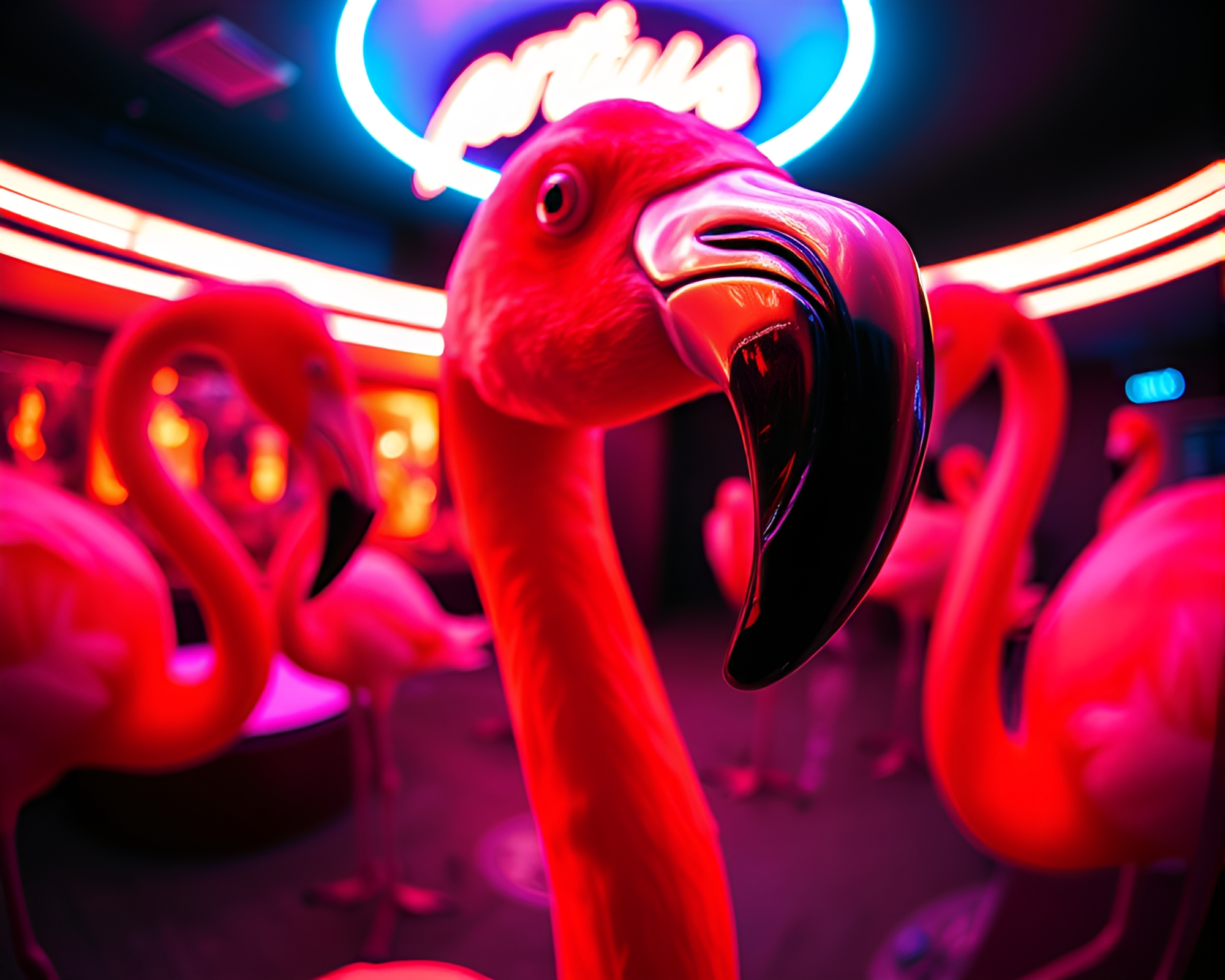 Neon Flamingo Dance Party Under Strobe Lights – free AI stock image