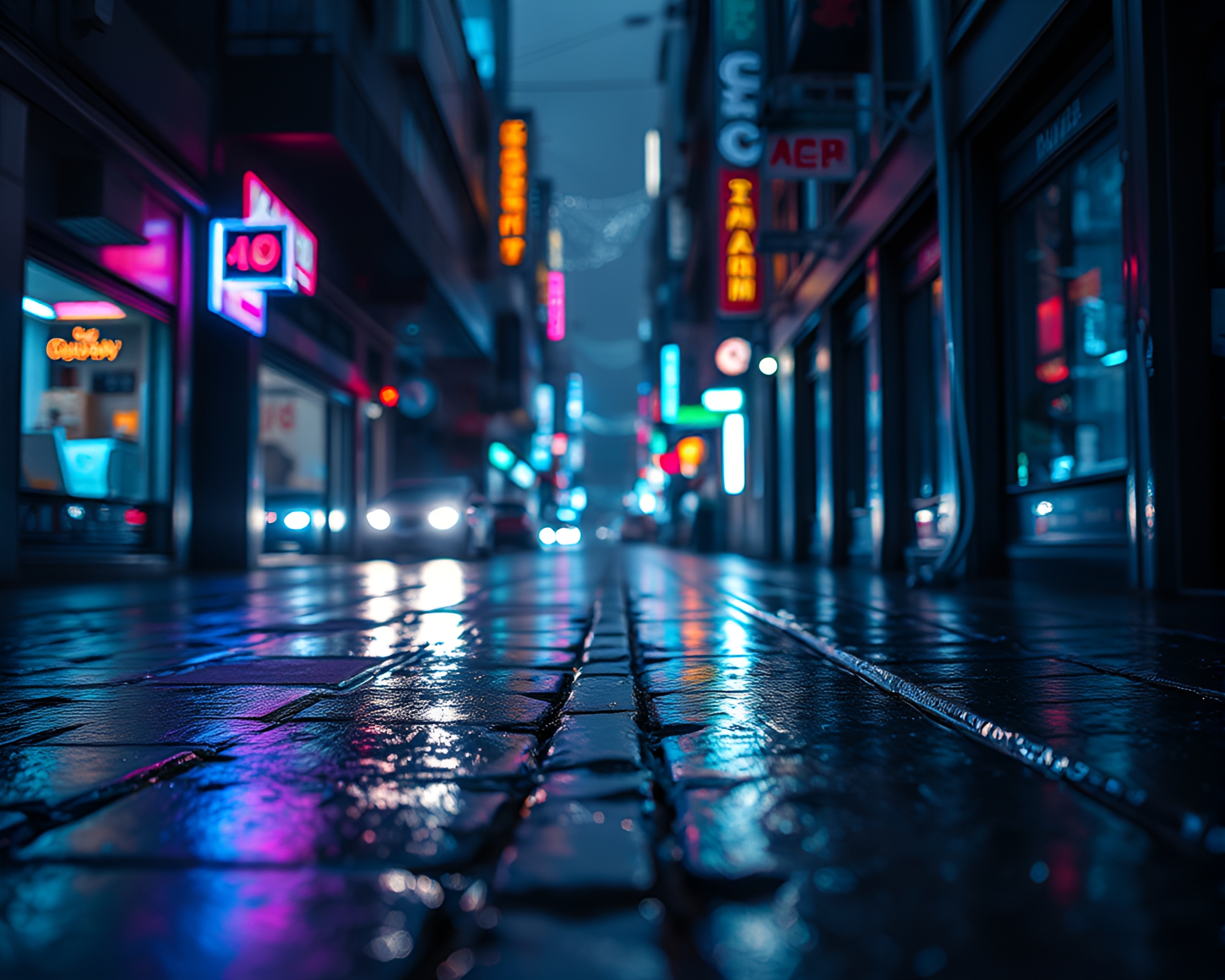 Iridescent Cyberpunk Alley with Wet Pavement – free AI stock image