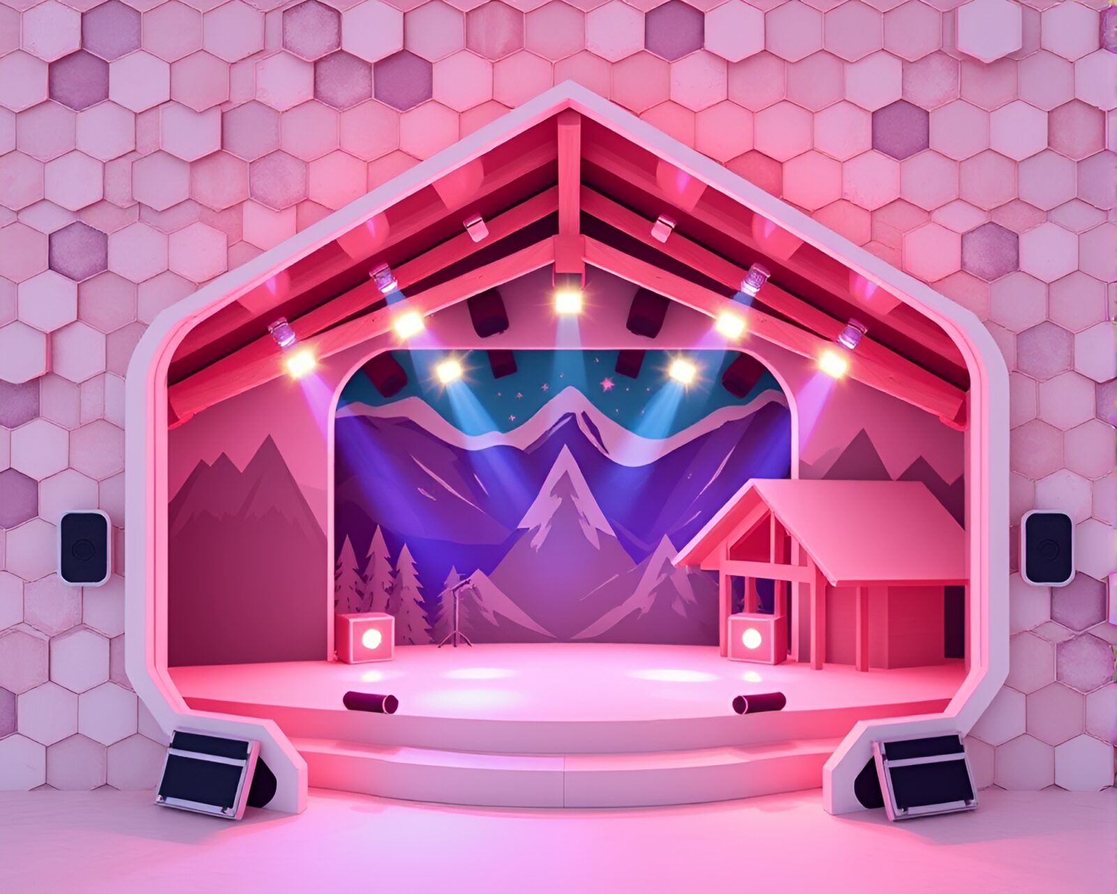 Fantastical Alpine chalet stage with hexagonal tiling in paper cutout style and concert lighting