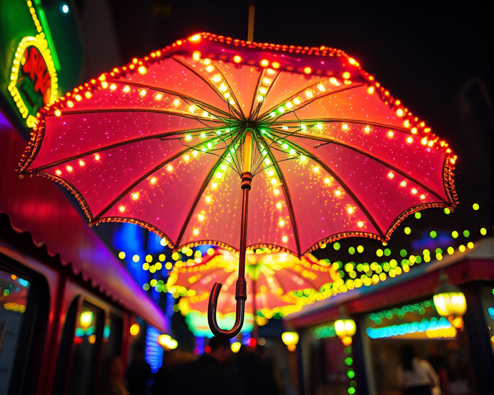Neon-lit umbrella surrounded by carnival lights and holographic specks