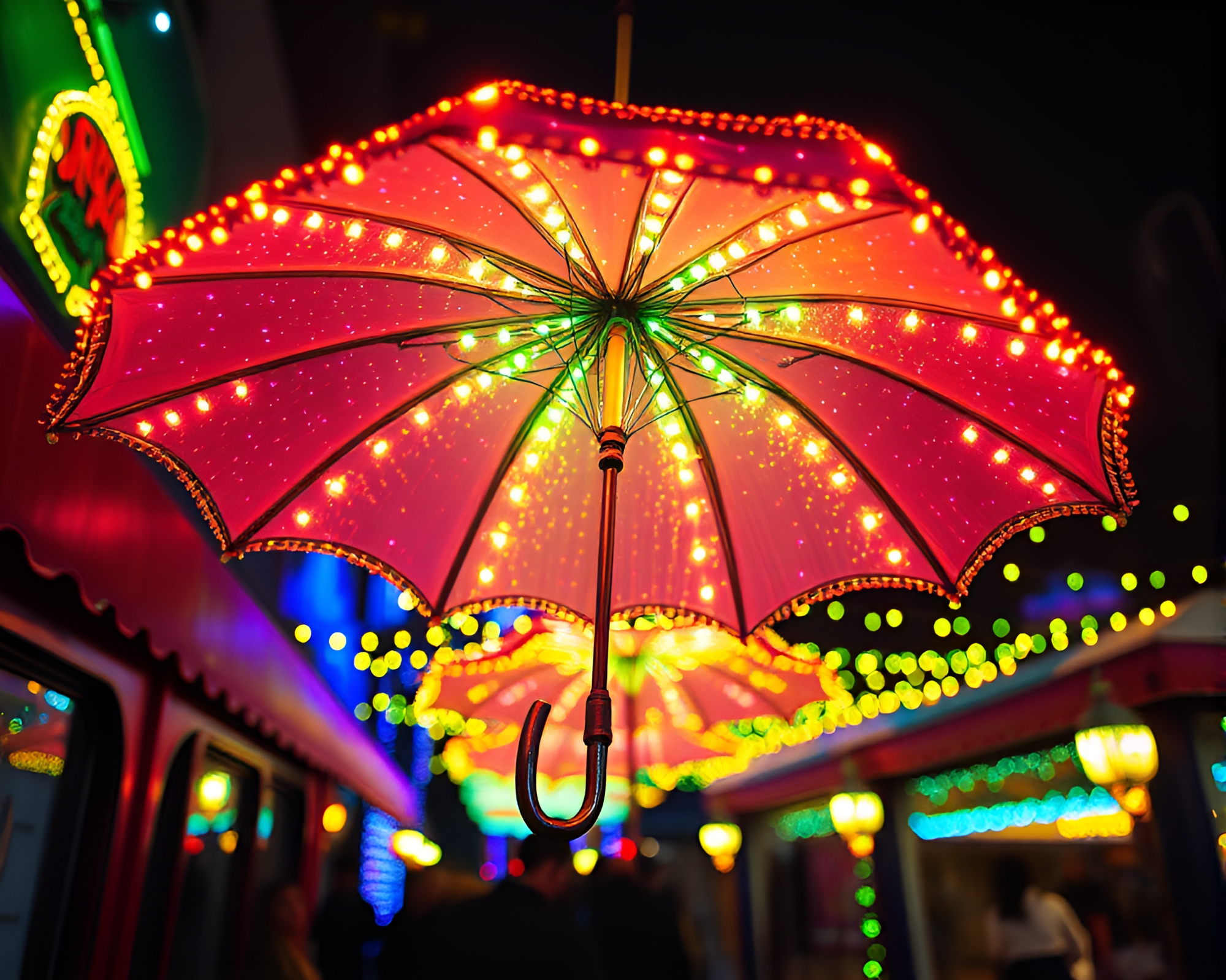 Vibrant Neon Umbrella with Hologram Specks – free AI stock image