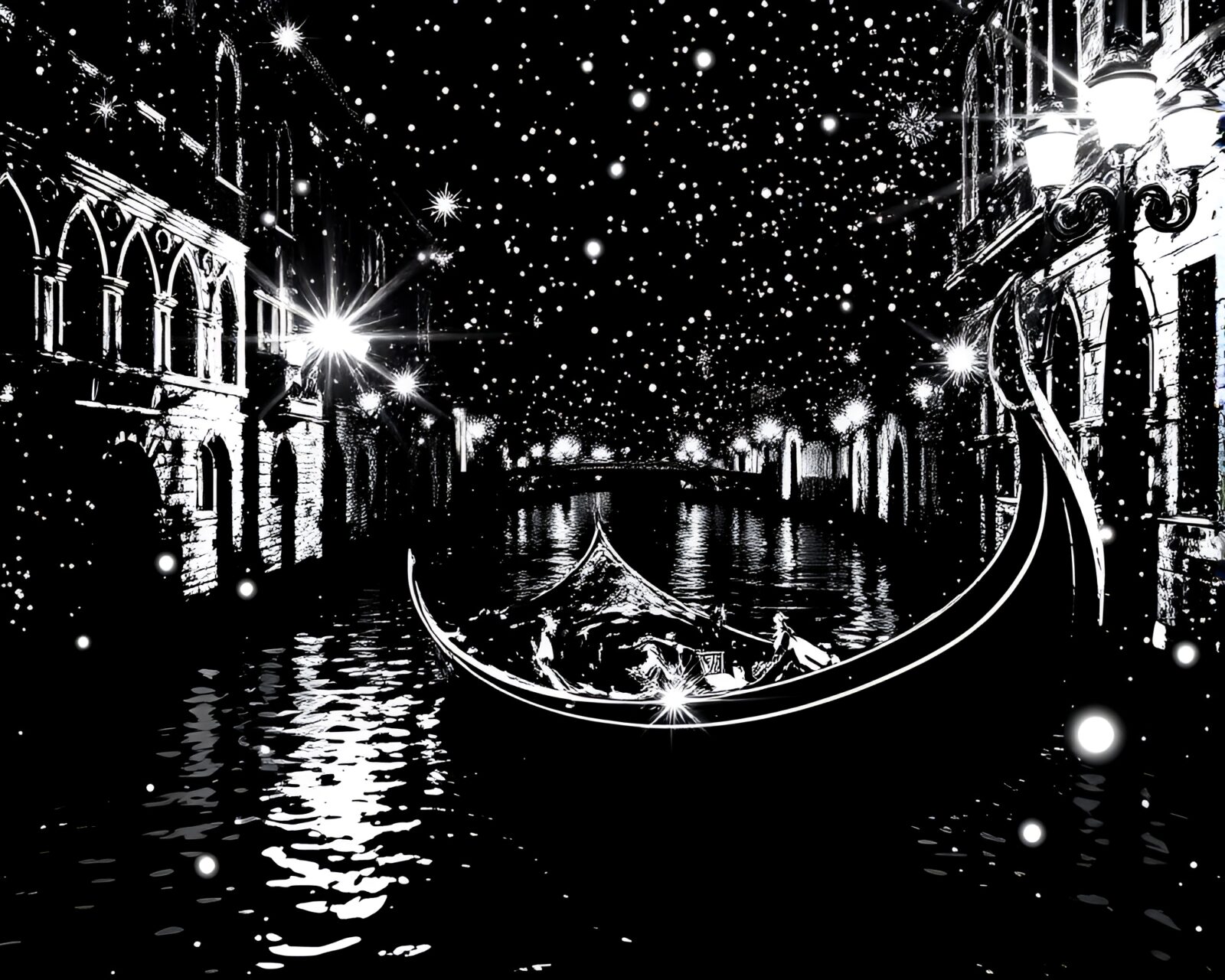 Black-and-white illustration of Venetian gondola with sparkles in water