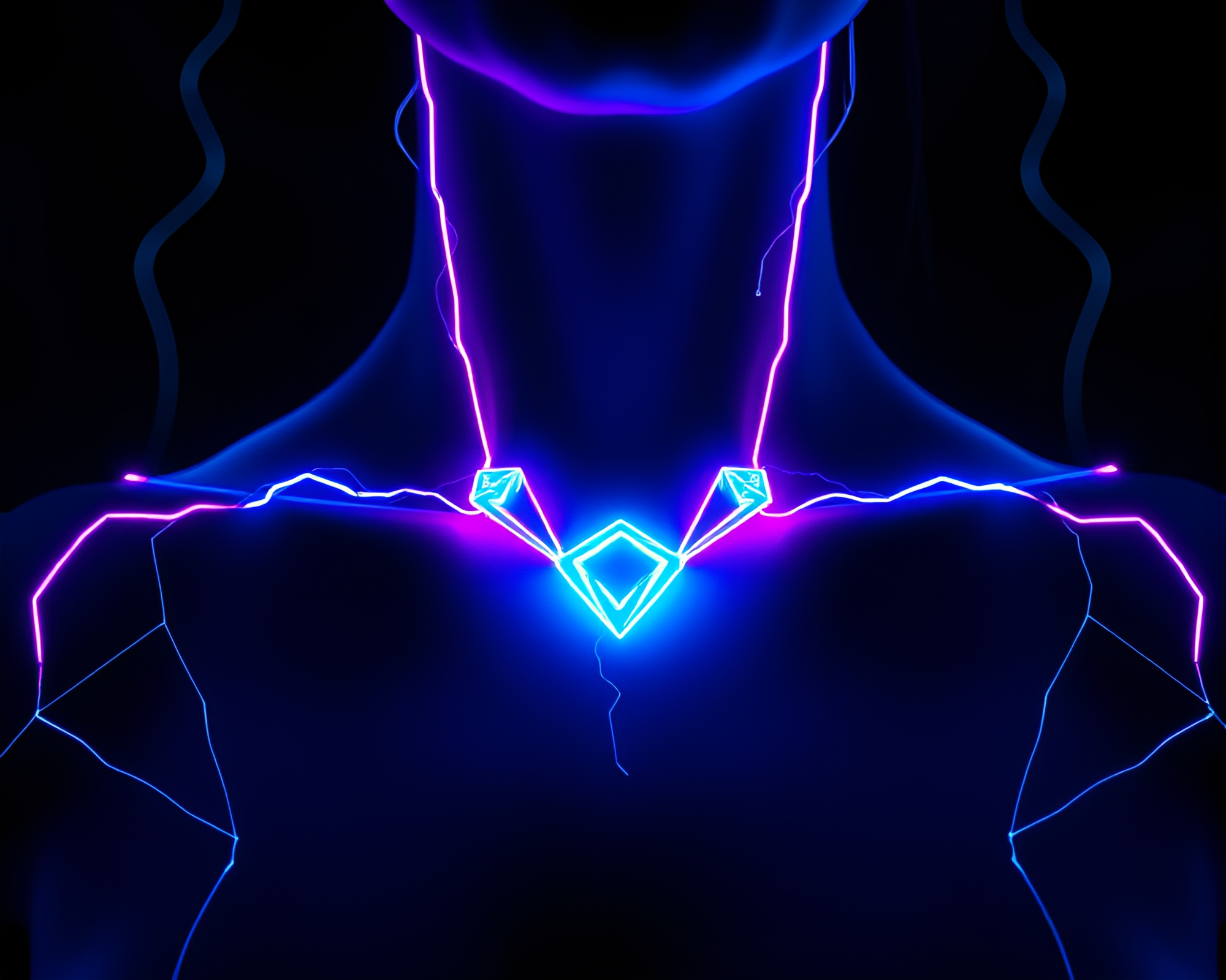 Glitch Art Arctic Blue Neon Wireframe Necklace – free AI stock image